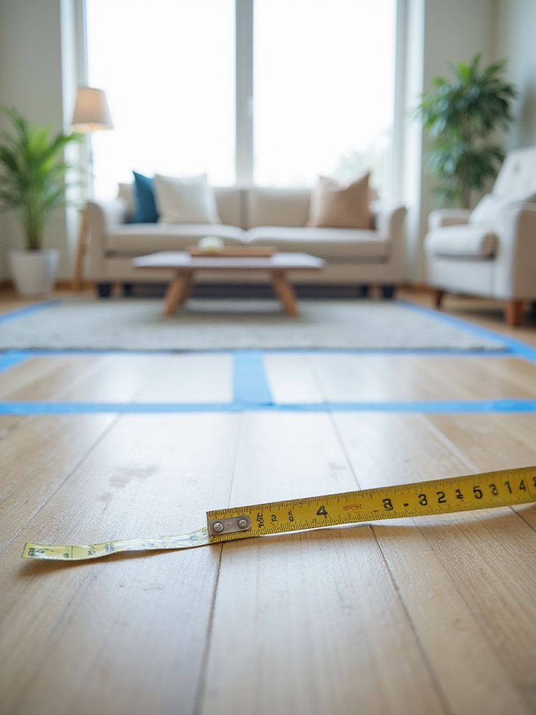 Measuring tape and painter's tape outlining potential rug size in a living room.