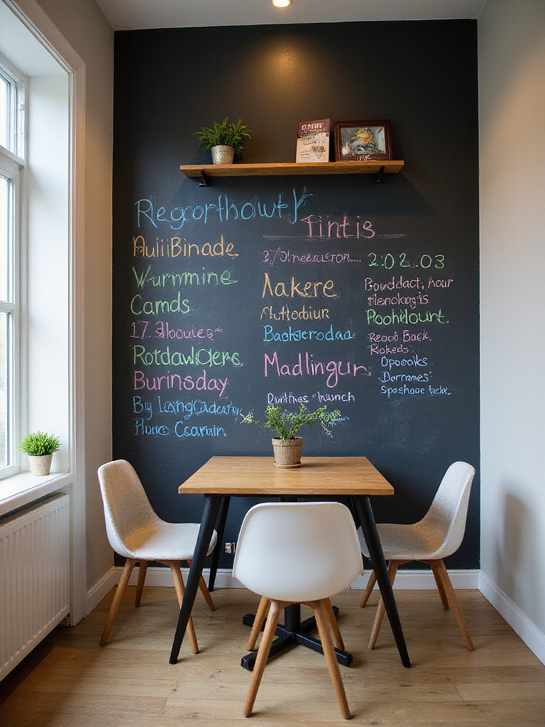 Modern dining room with chalkboard wall displaying weekly menu