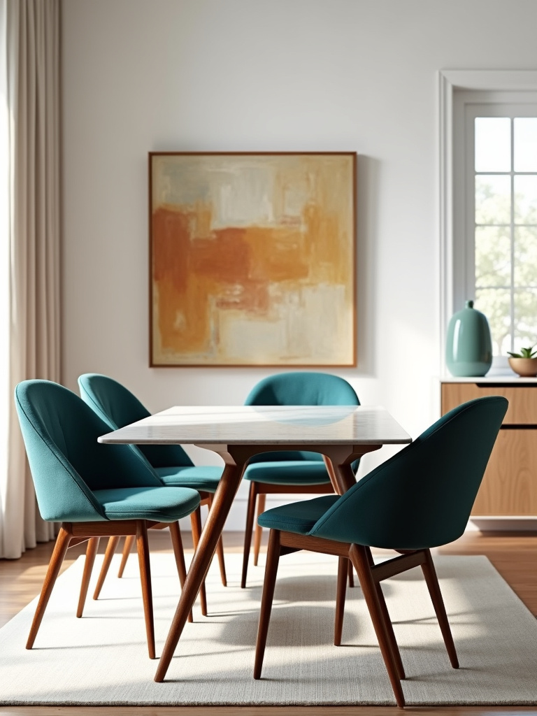 Mid-Century Modern dining chairs with tapered legs around a marble dining table in a contemporary dining room.