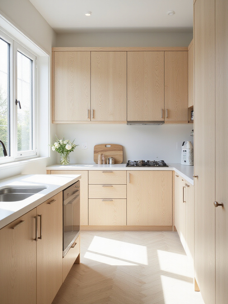 Scandinavian kitchen with light wood cabinets and minimalist, handle-free hardware.