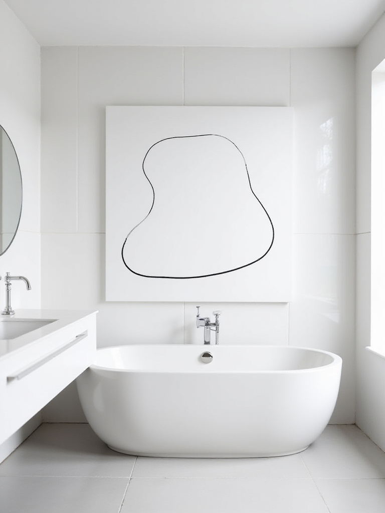Modern bathroom with minimalist black line art above bathtub.