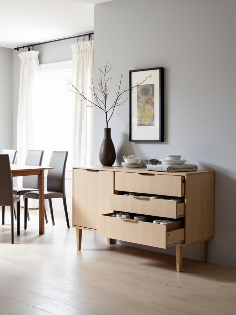 Minimalist sideboard with handle-less drawers in a contemporary dining room.