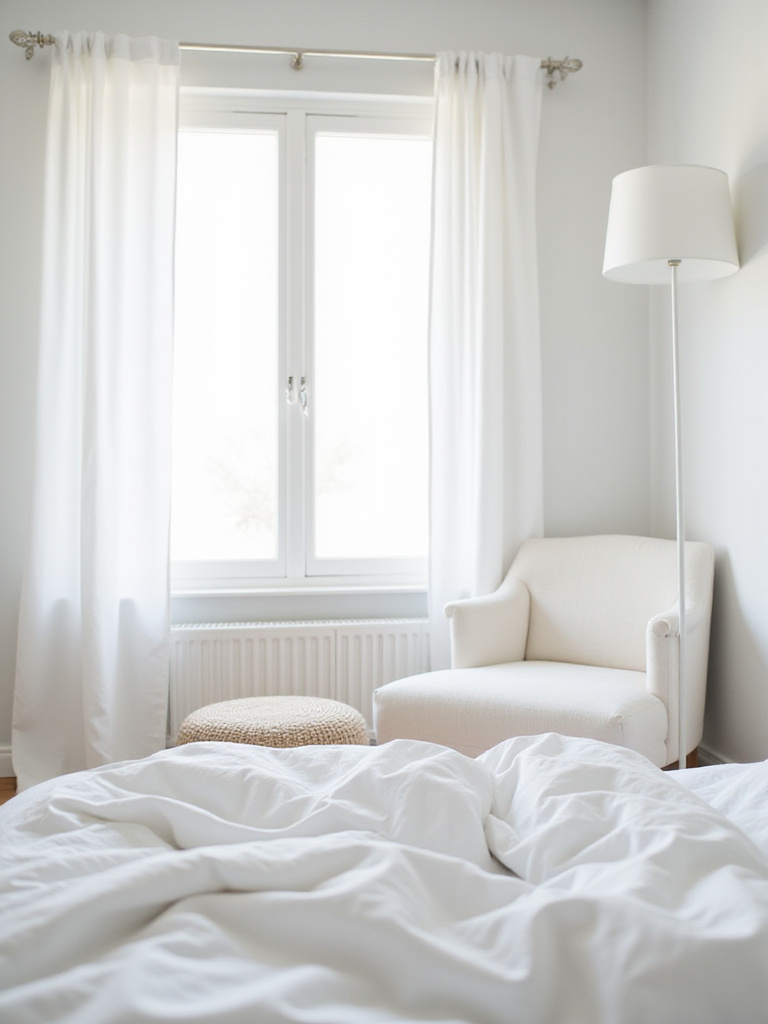 Minimalist white bedroom with white floor lamp enhancing ambient lighting and vertical space.
