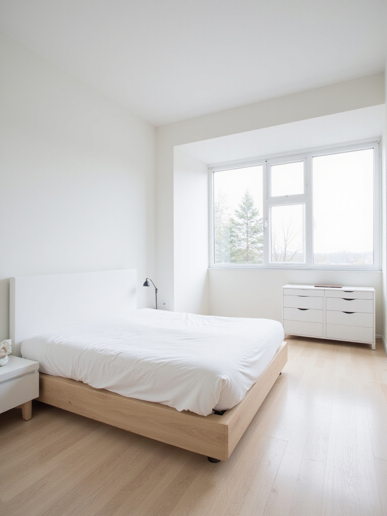 Minimalist white bedroom furniture including platform bed, nightstand, and dresser for a clean and uncluttered look.