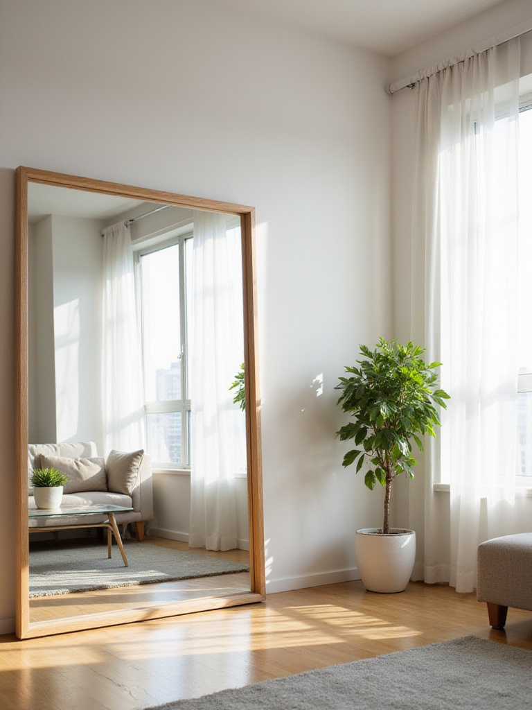 Apartment living room with a large mirror reflecting a window, creating the illusion of more space and light.