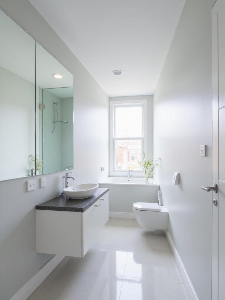 Small bathroom with a large frameless mirror above the vanity, reflecting natural light and creating a spacious feel.