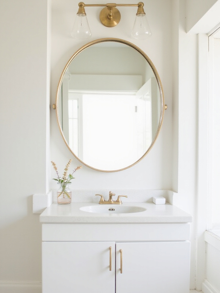 Bathroom vanity with round gold-framed mirror reflecting natural light.
