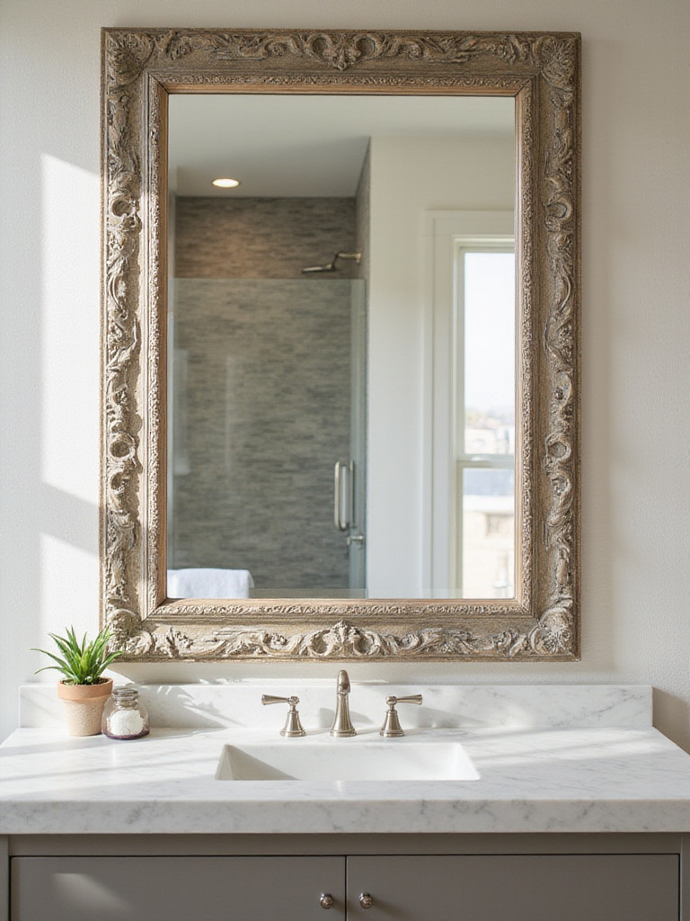 Modern bathroom with large decorative mirror enhancing light and space
