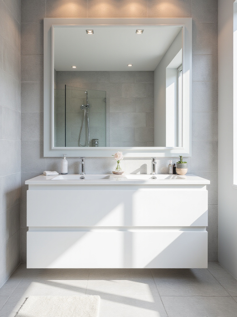 Modern bathroom with frameless mirror above white vanity.