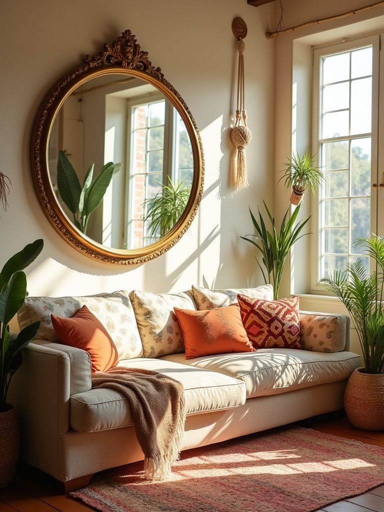 Boho living room with a large, gold-framed circular mirror leaning against the wall, reflecting sunlight and enhancing the room's brightness.