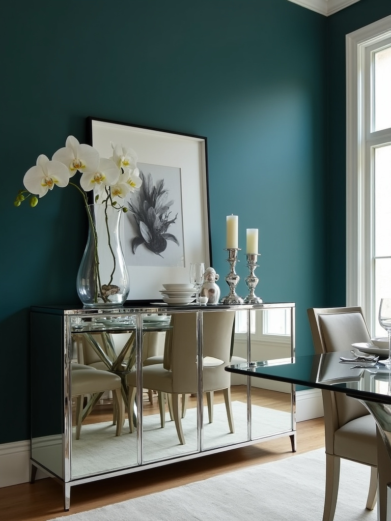 Contemporary dining room with mirrored buffet, teal wall, and elegant decor.