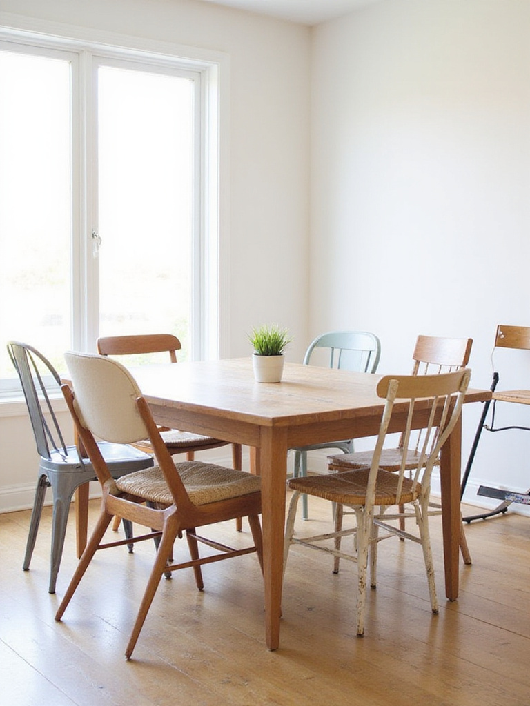 Dining room featuring a wooden table surrounded by mismatched chairs in various styles and colors.