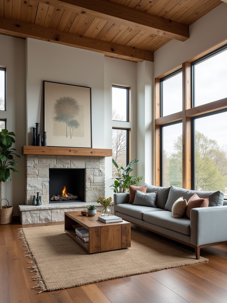 Rustic living room with modern sofa, reclaimed wood coffee table, and stone fireplace.