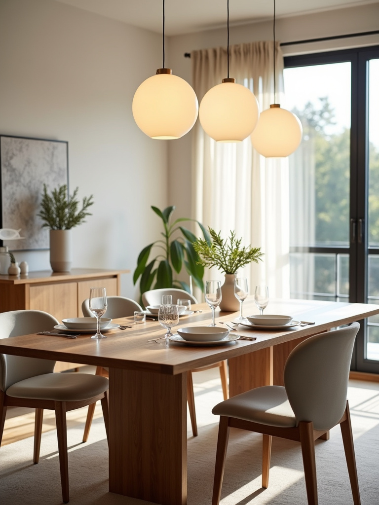 Contemporary dining room with wooden table and three frosted glass globe pendant lights providing soft, warm lighting.