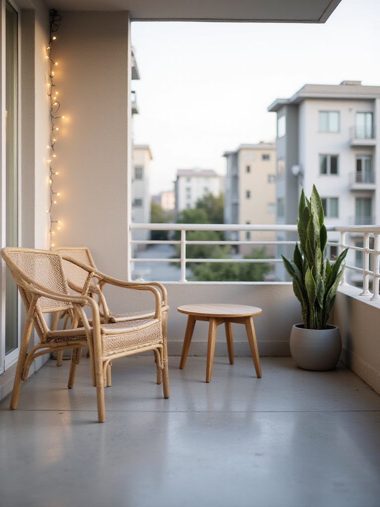 Modern minimalist balcony with neutral tones and clean lines for serene apartment living.