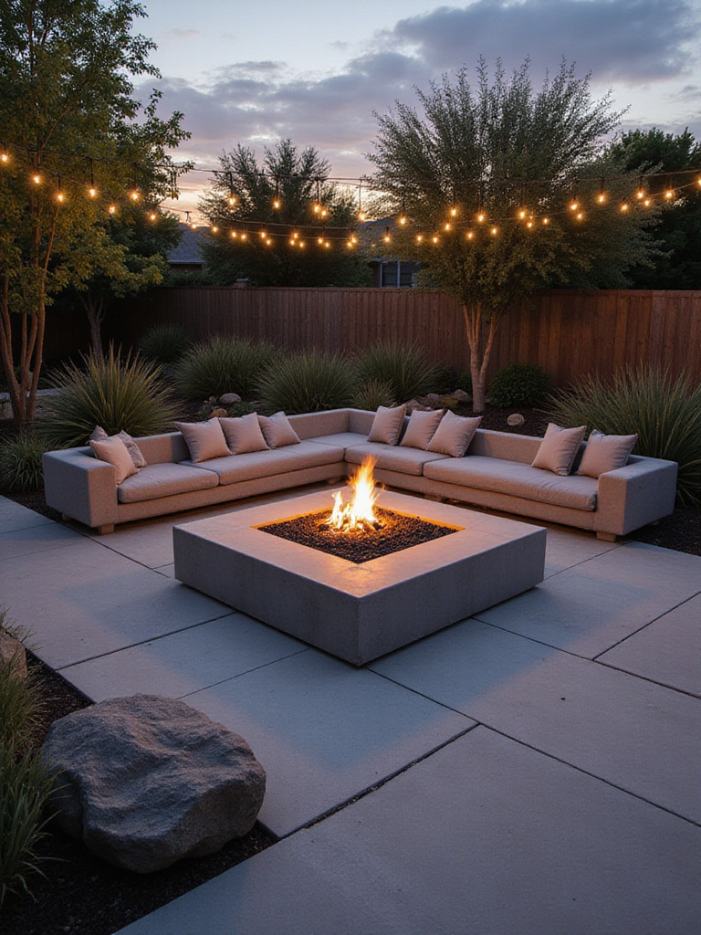 Modern backyard patio with square concrete firepit and built-in concrete bench.