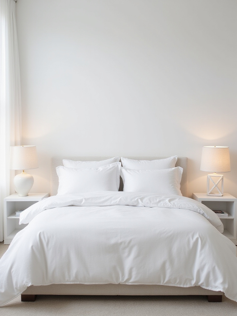 Modern white bedroom with white bedside tables and stylish white table lamps providing ambient light.