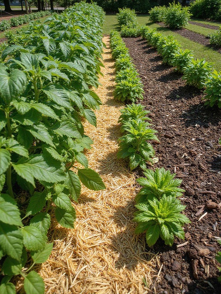 Vegetable garden with straw and wood chip mulch for weed control and moisture retention