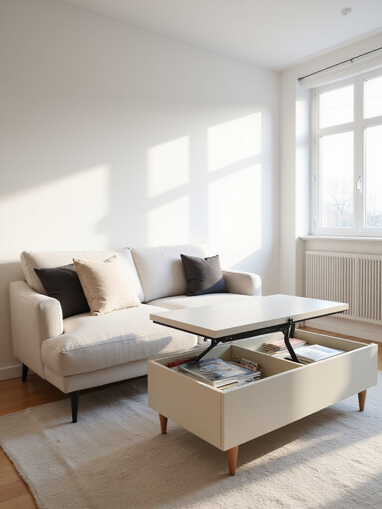 Apartment living room with sofa bed and lift-top coffee table, showcasing multi-functional furniture.