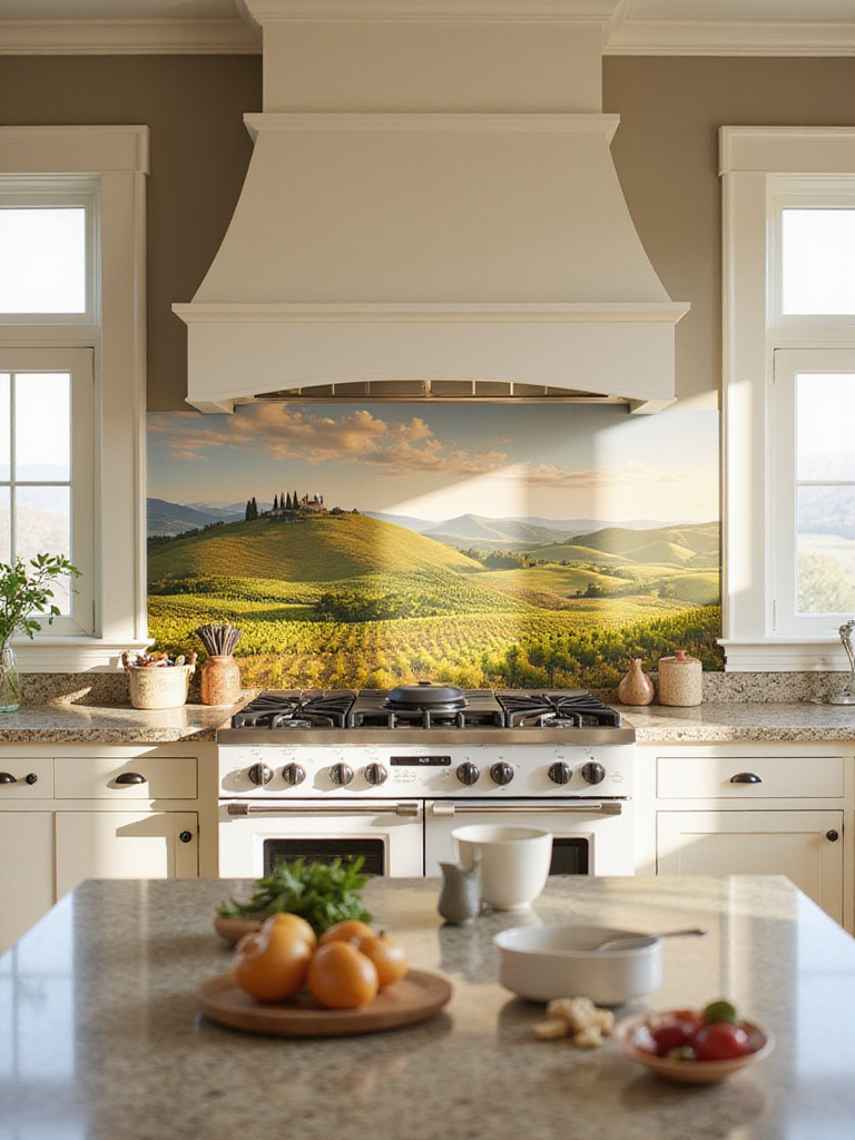 Custom Tuscan landscape backsplash mural in a modern kitchen