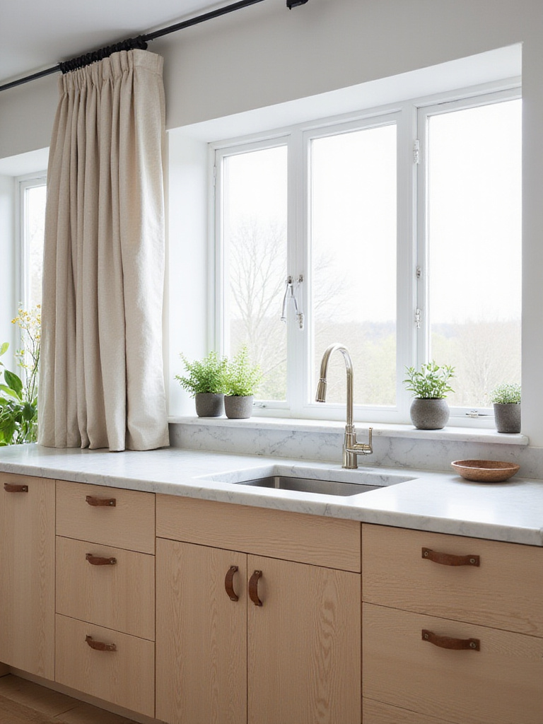 Scandinavian kitchen with light wood cabinets, marble countertop, linen curtains, and leather drawer pulls.