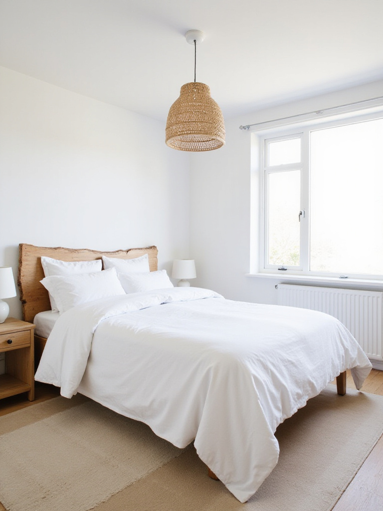White bedroom with natural wood headboard and accents for a serene and warm aesthetic