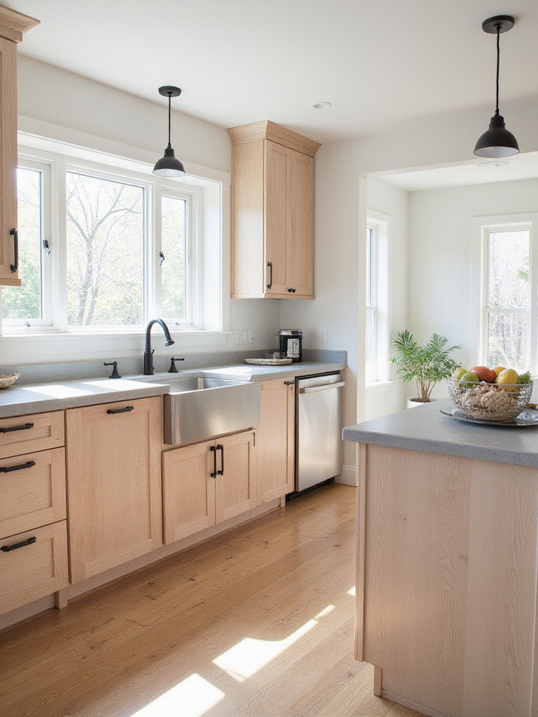 Natural unstained white oak kitchen cabinets with light gray quartz countertops and matte black hardware in a modern farmhouse kitchen.