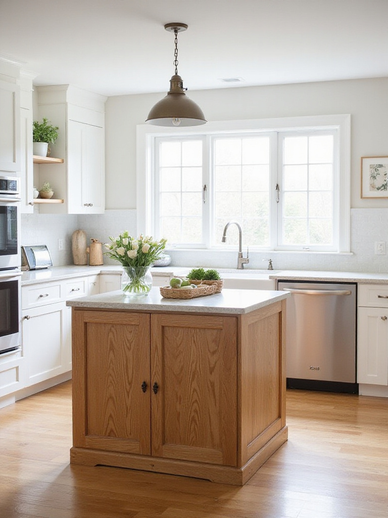 Kitchen island with natural oak wood finish and light granite countertop.