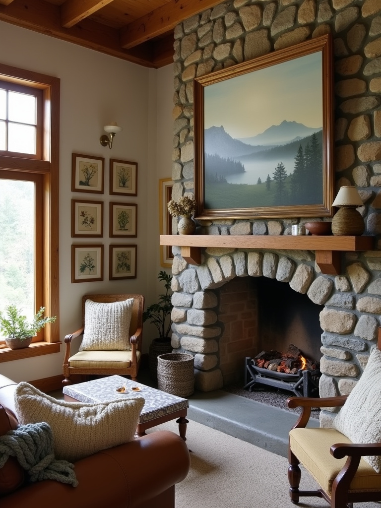 Rustic living room with nature-inspired artwork, including a landscape painting and botanical prints.