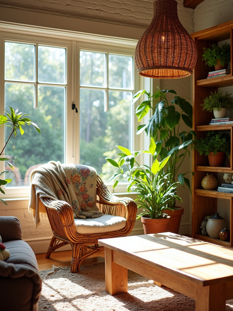 Boho living room featuring natural wood and rattan furniture.