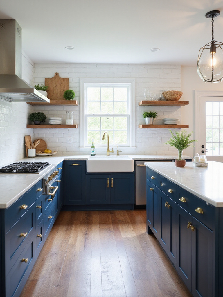 Navy blue kitchen cabinets with white quartz countertops and brass hardware