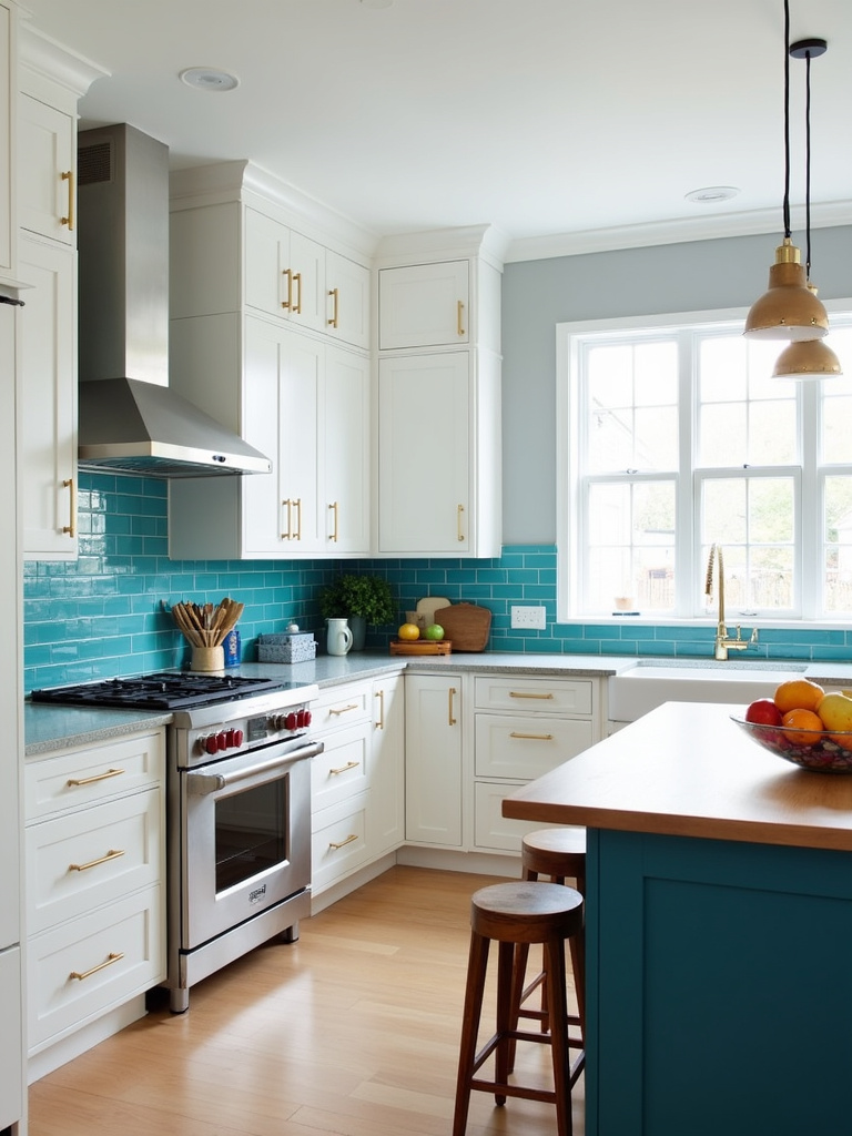 Modern kitchen with white cabinets, gray walls, blue backsplash, and teal island.