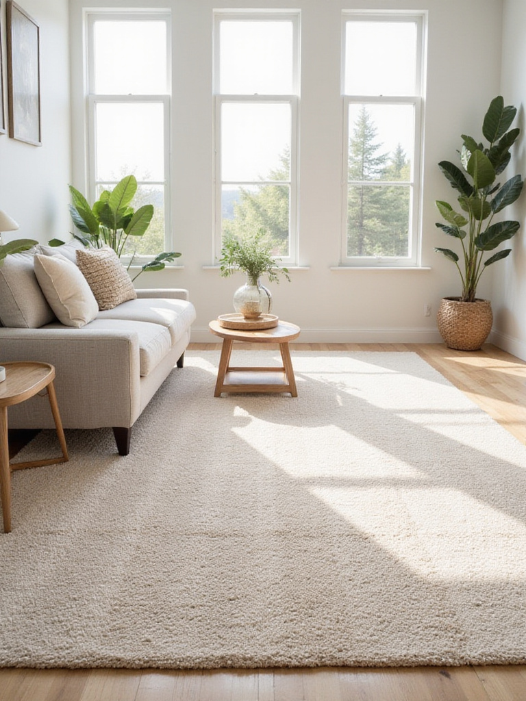 Bright and airy living room with a beige wool rug, light grey sofa, and minimalist wooden coffee table.