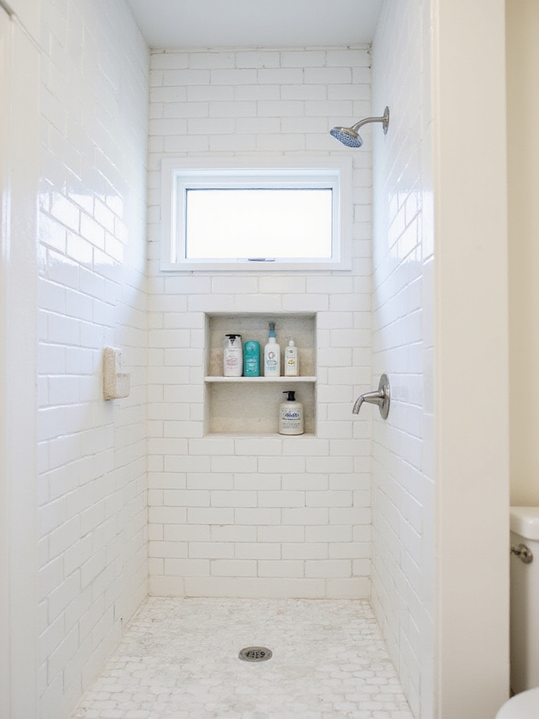 Small bathroom shower with built-in tile niche for shampoo and soap storage