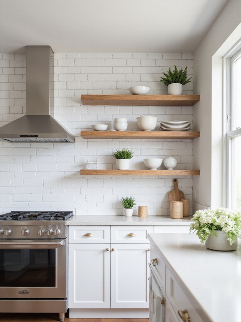 Kitchen with white subway tile backsplash and light wood open shelving displaying kitchenware