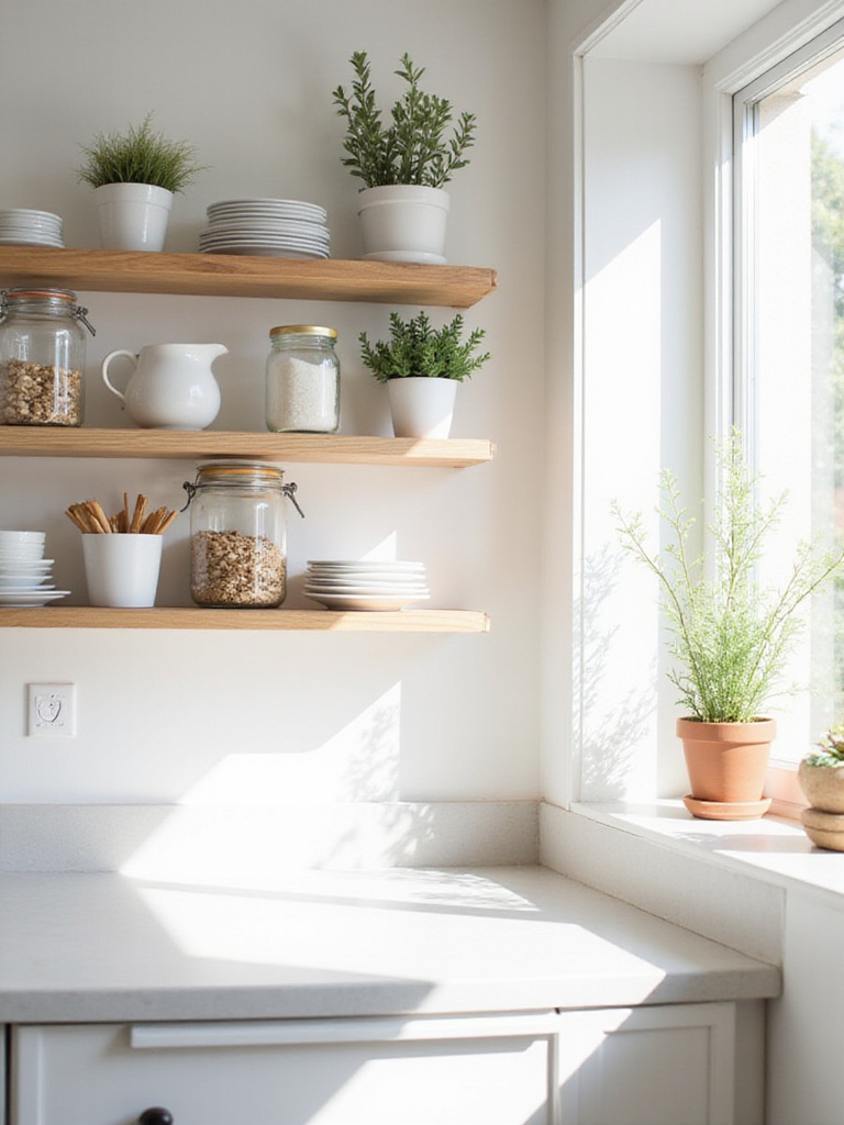 Scandinavian kitchen with light wood open shelving displaying white dishes and plants.