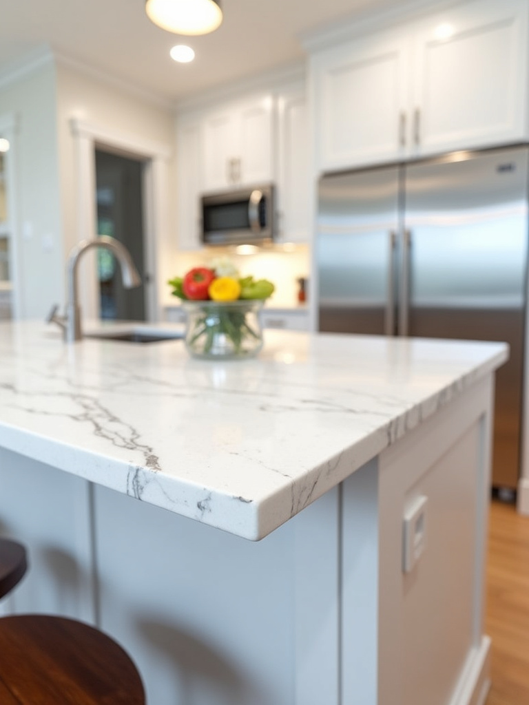 Modern kitchen island featuring a white quartz countertop with gray veining and waterfall edge.