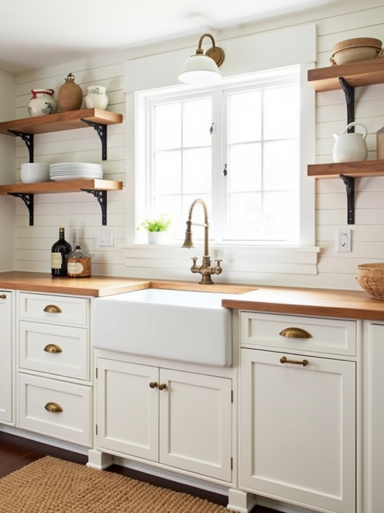 Farmhouse kitchen with white cabinets, farmhouse sink, and antique brass hardware