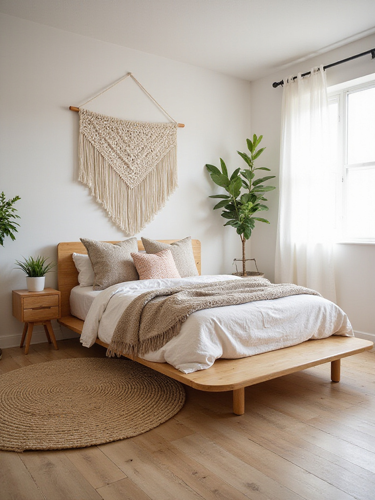 Boho bedroom with low platform bed, woven rug, and natural light.