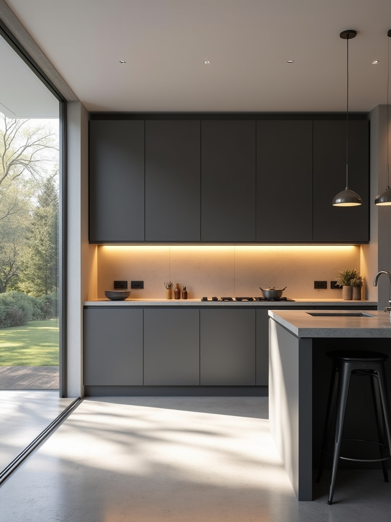 Modern kitchen with sleek, handleless gray cabinets and integrated J-pulls.