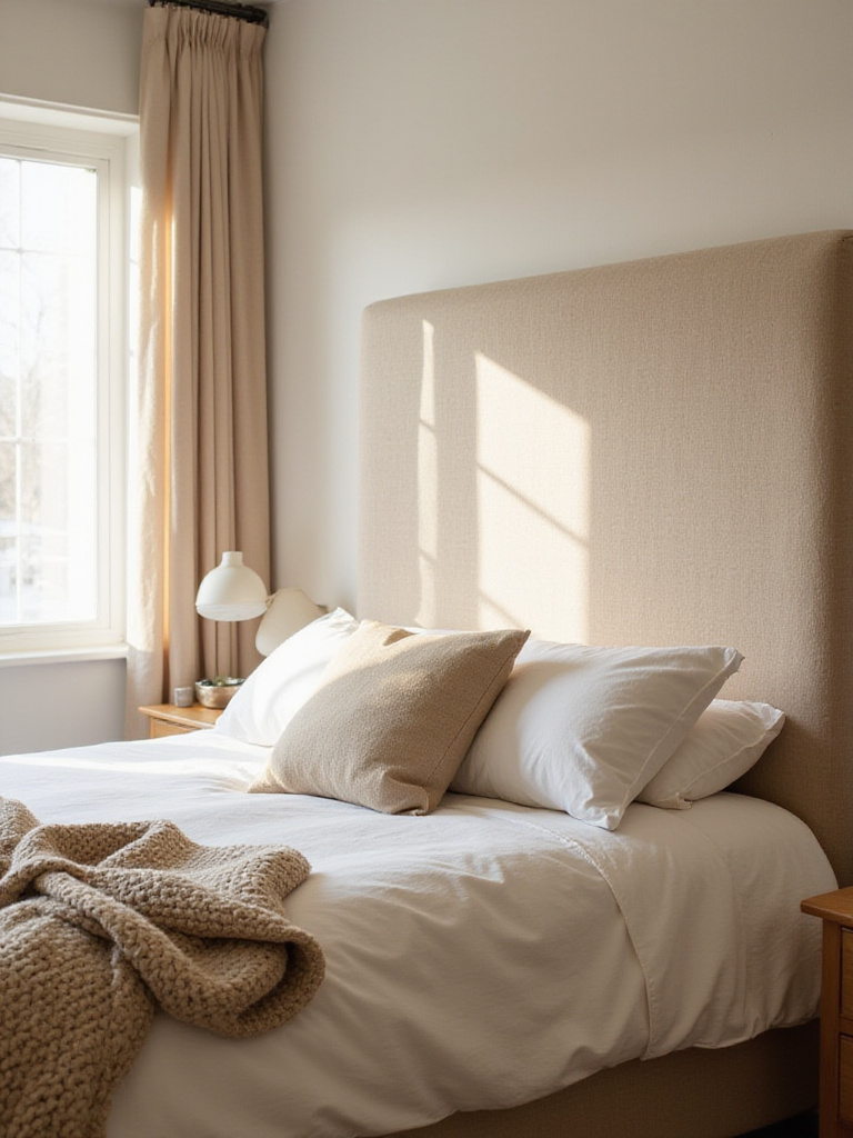 Beige linen upholstered headboard on a queen bed with fluffy pillows and knitted throw blanket in a cozy bedroom.