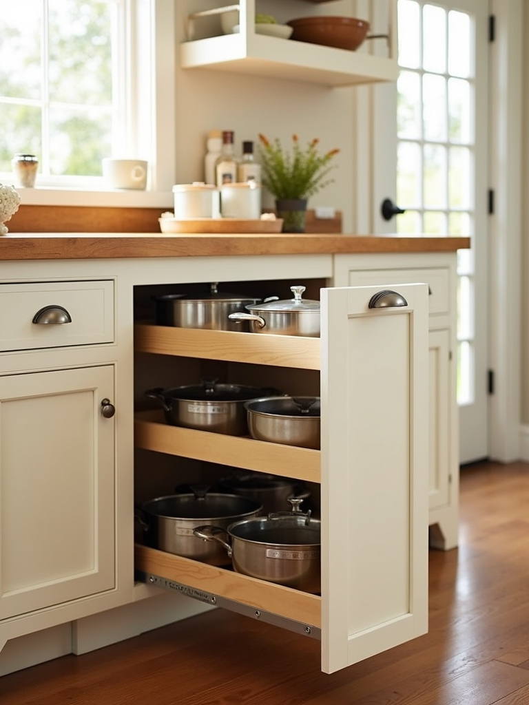 Farmhouse kitchen corner cabinet with pull-out organizer for efficient storage.