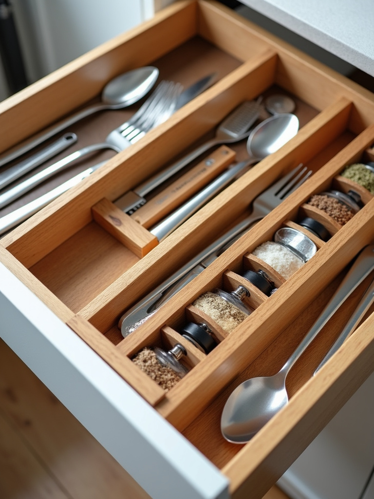 Organized apartment kitchen drawer with cutlery tray, spice rack insert, and adjustable dividers.
