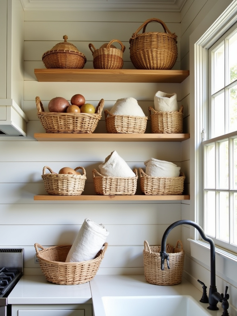 Rustic kitchen with woven baskets organizing pantry items and utensils on open shelving.