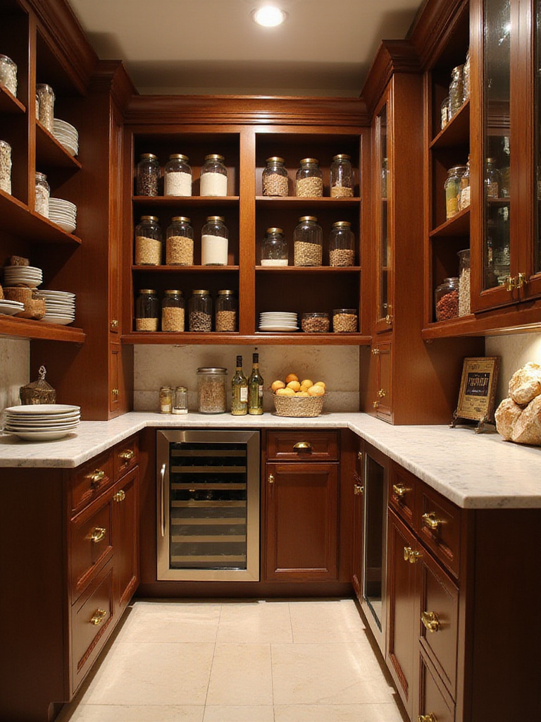 Luxurious walk-in pantry with custom shelving and organized storage.