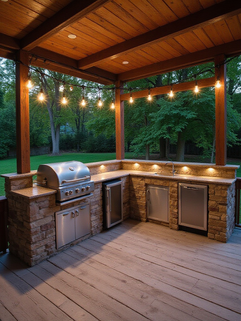 Modern deck with a fully equipped outdoor kitchen featuring a grill, bar, and refrigerator.