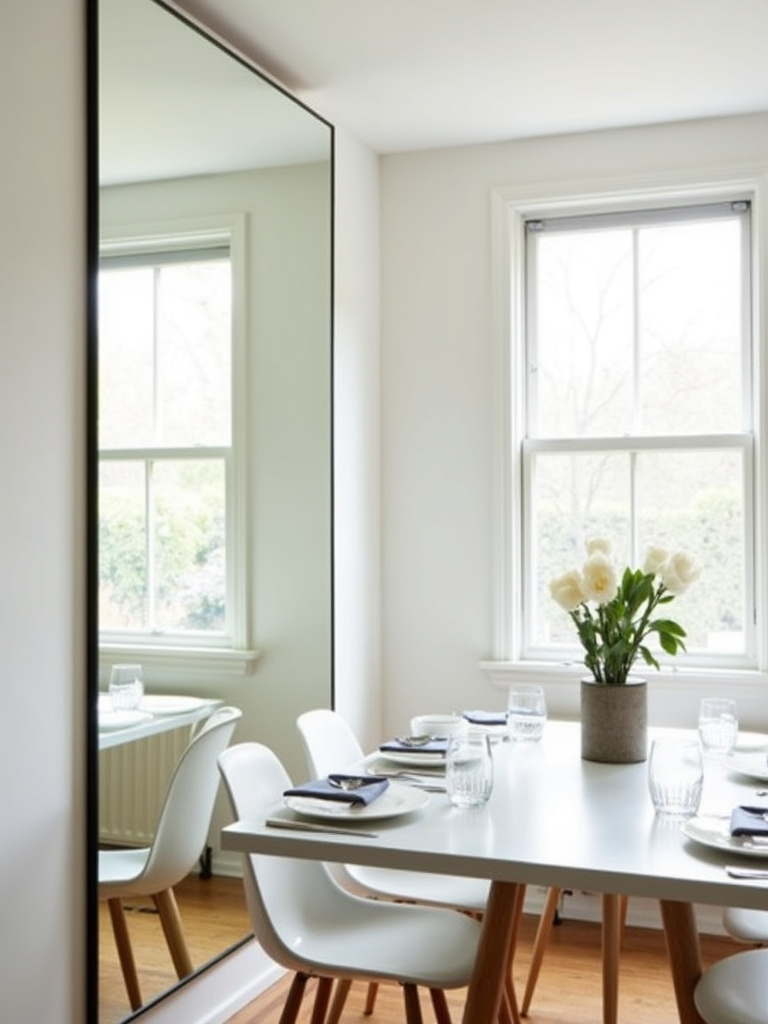 Contemporary dining room with oversized mirror reflecting light and expanding space.