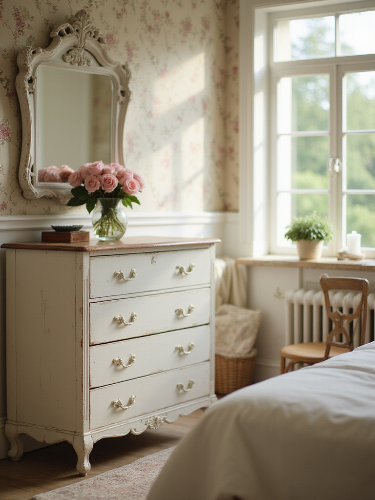 Distressed white dresser with pink roses in a vintage-style bedroom