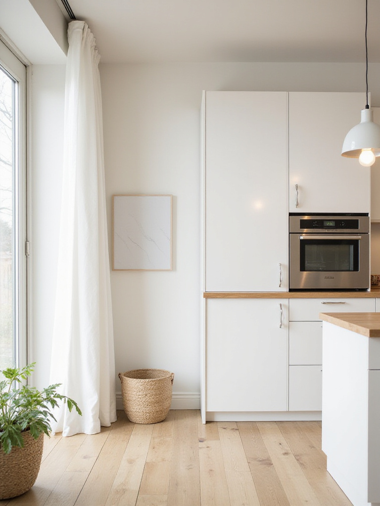Bright Scandinavian kitchen with white walls and light wood accents