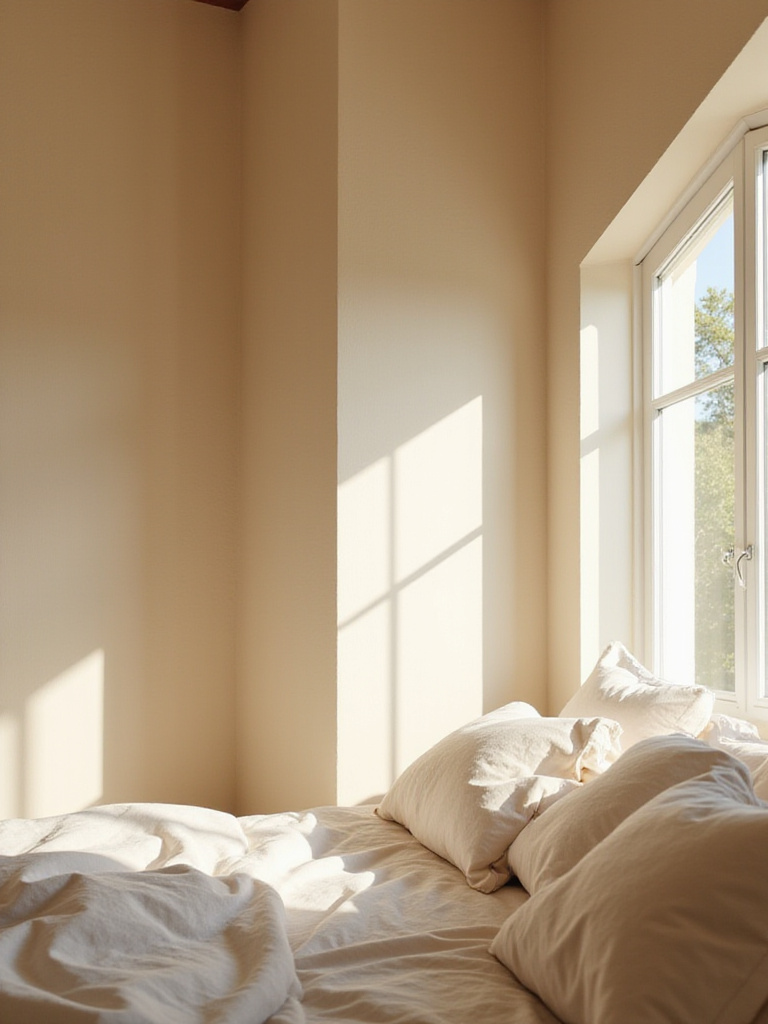 Cozy bedroom with warm beige walls and soft, natural lighting.
